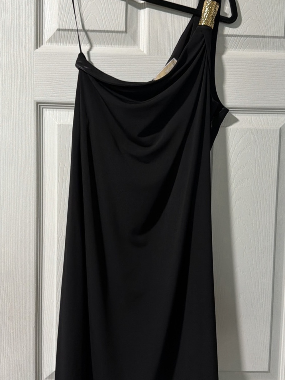Michael Kors Black One-Shoulder Draped Dress with Gold Detail